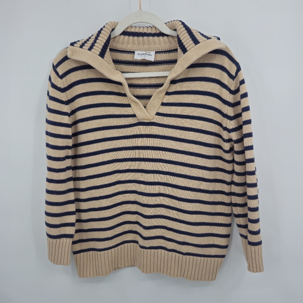 Callahan Knitwear V-Neck Collar Sweater Cream Black Striped Fisherman Sz Small